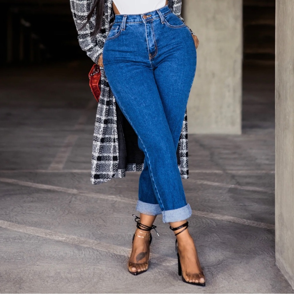 Blue “mom jeans” no stretch and are true to size.